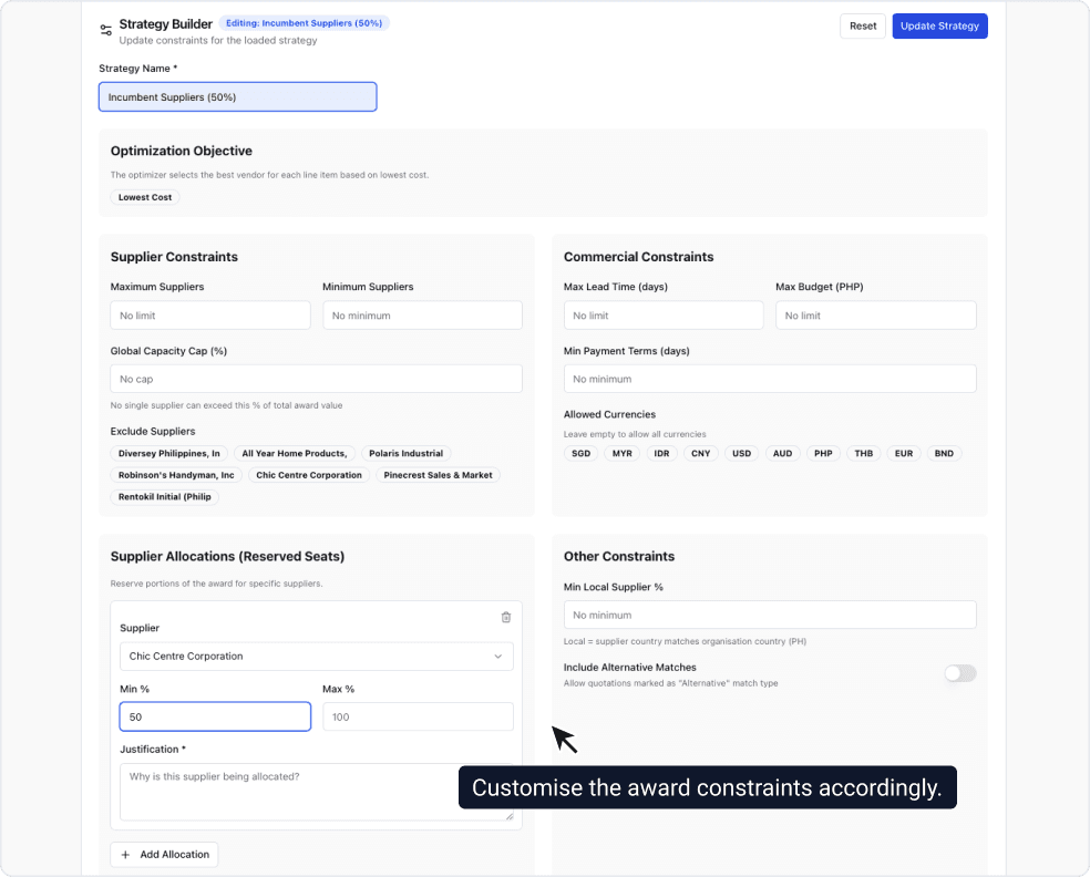 Award Optimiser: Customise constraints