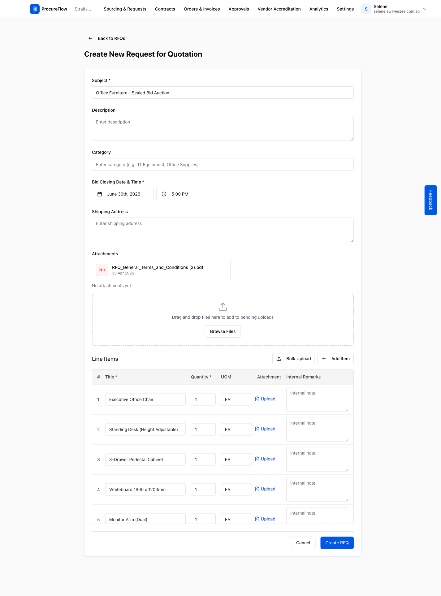 Step 2 – Create New RFQ