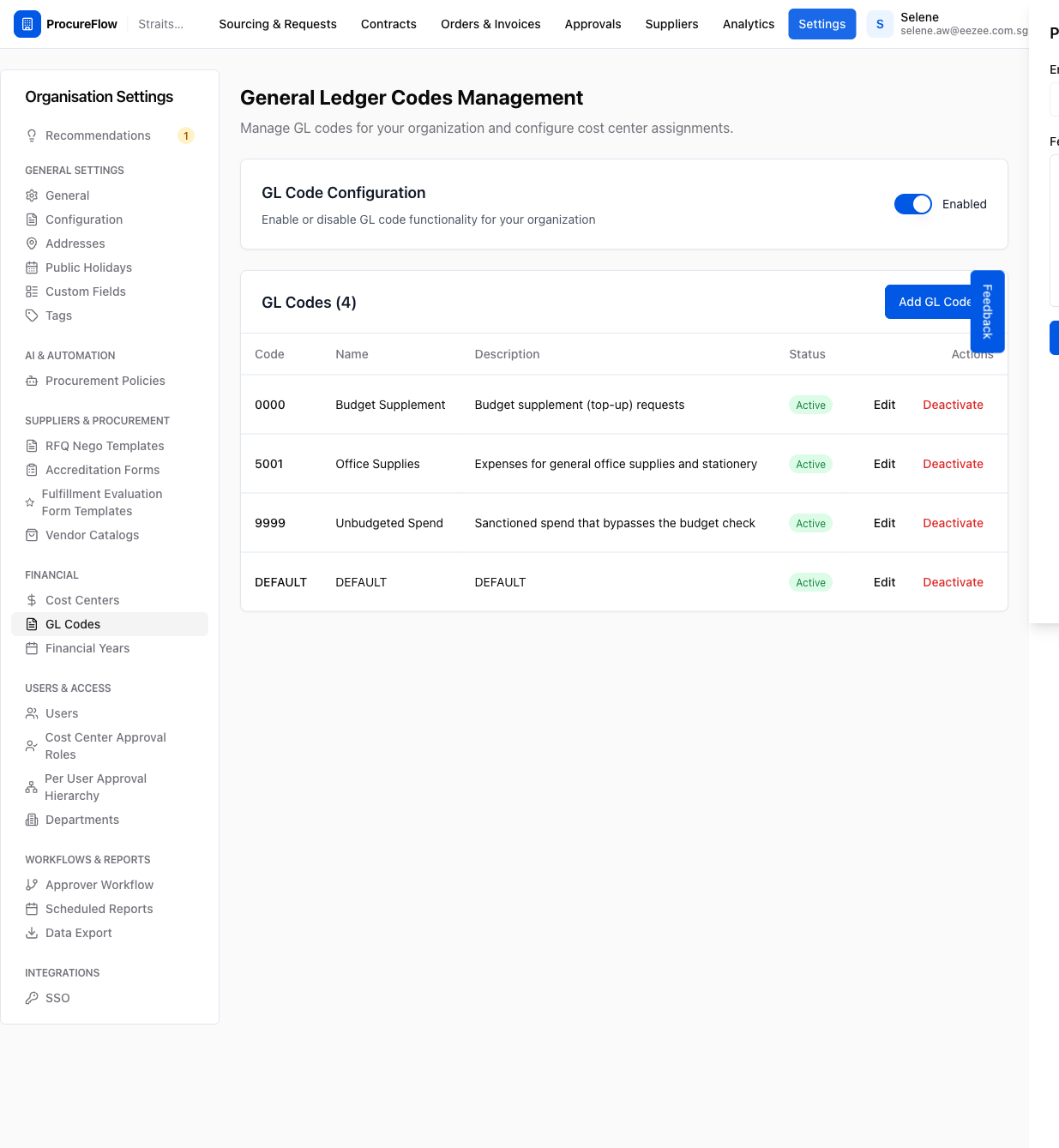 Step 1 – GL Codes Management page with the feature enabled and codes listed
