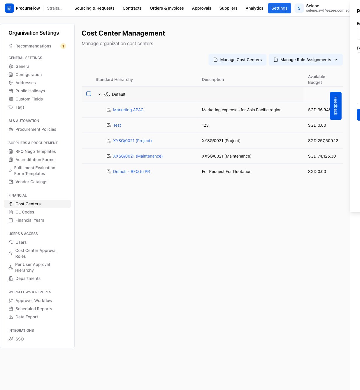 Step 2 – Cost Centers list with the Default group expanded to reveal Marketing APAC