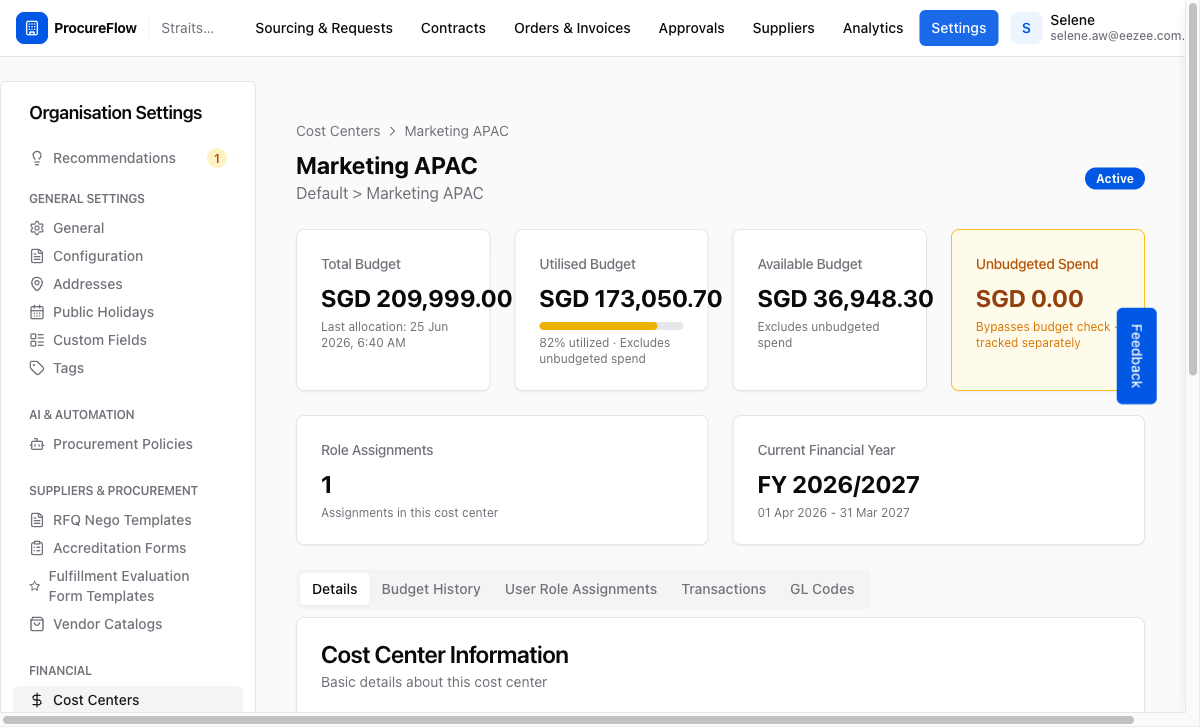 Step 3 – Marketing APAC cost center detail page showing budget summary and tabs