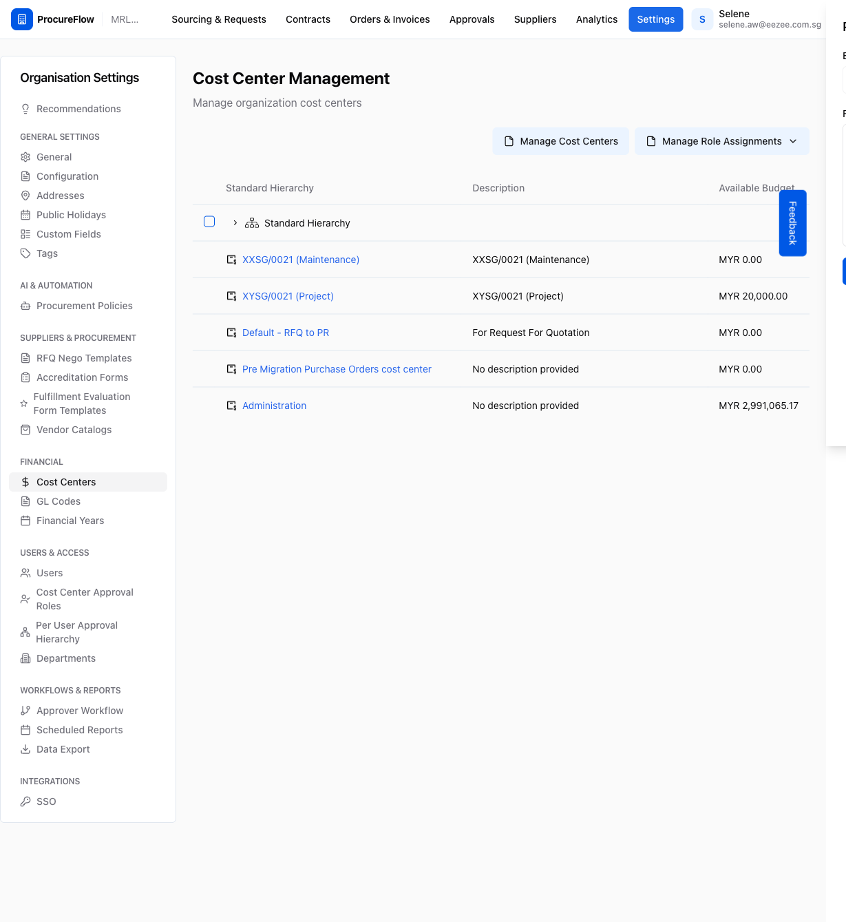 Step 1 – Cost Center Management page under Settings → Financial, showing the Standard Hierarchy table with cost centers
