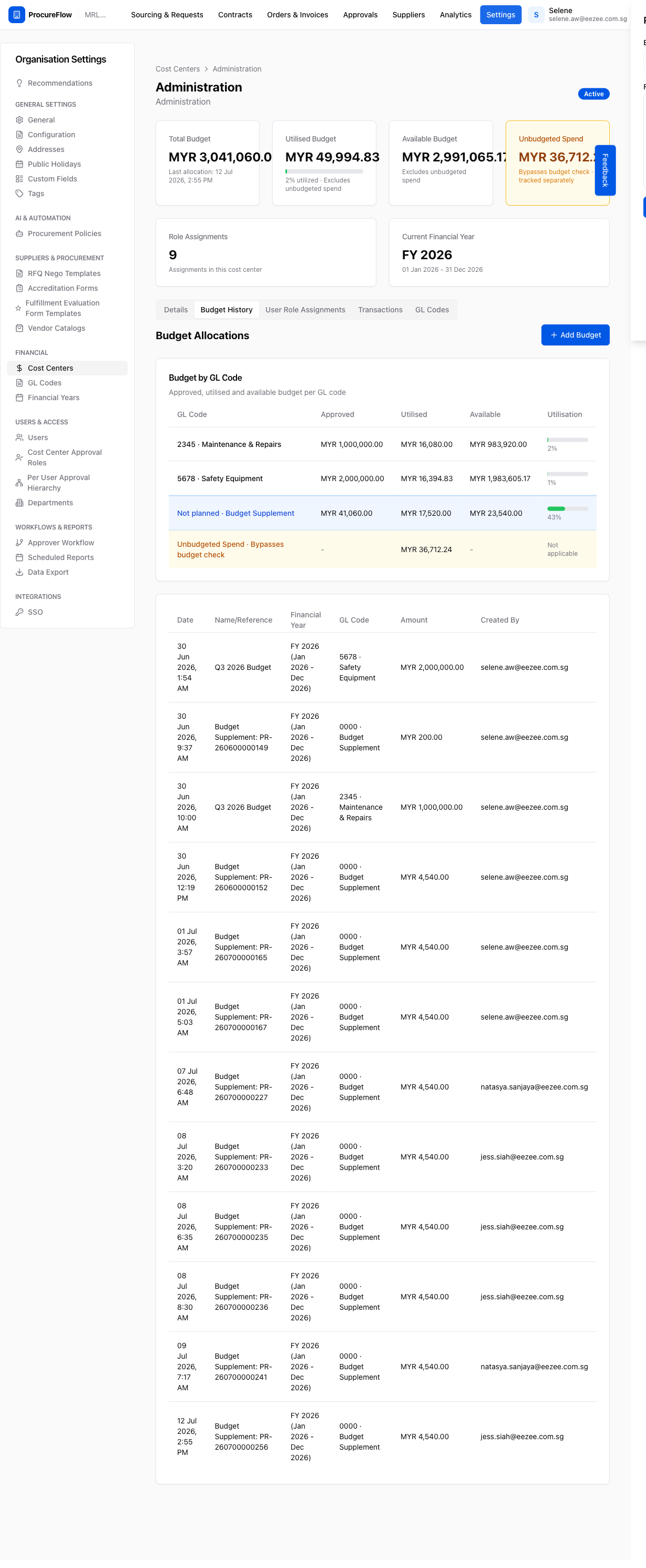 Step 4 – Budget History tab showing the Budget by GL Code rollup table and existing allocations; the Add Budget button is at top right