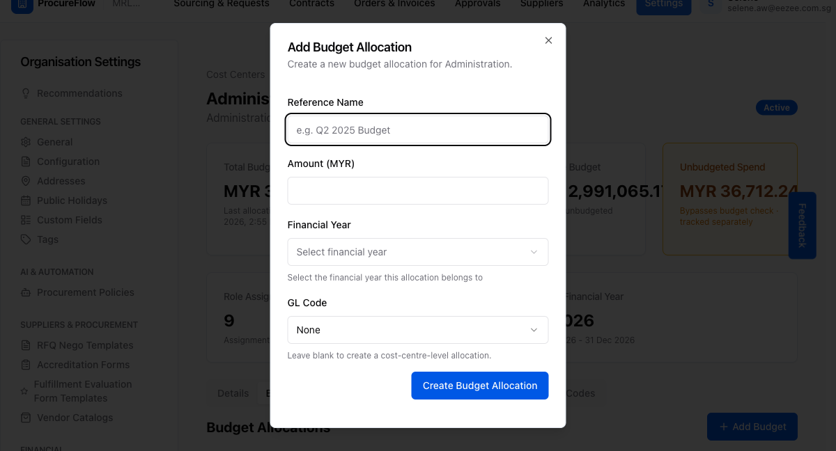 Step 5 – The Add Budget Allocation dialog with Reference Name, Amount, Financial Year, and the GL Code field (leave blank for a cost-center-level allocation)