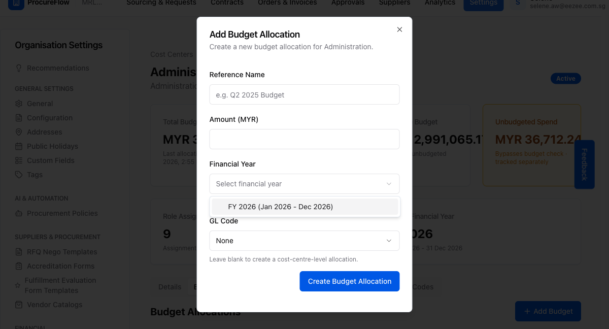Step 6 – Selecting "FY 2026 (Jan 2026 - Dec 2026)" as the financial year for this allocation