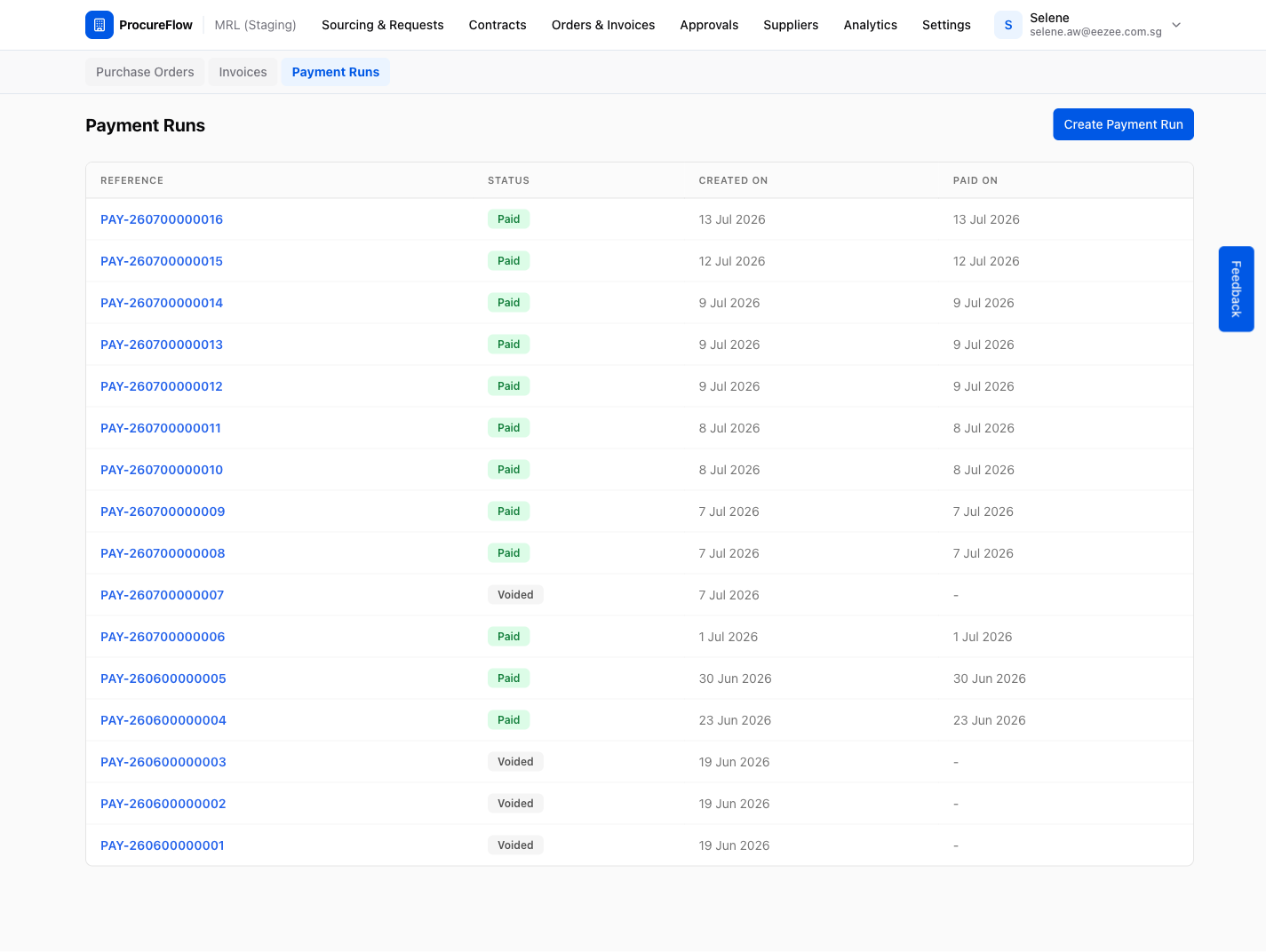 Payment Runs list page