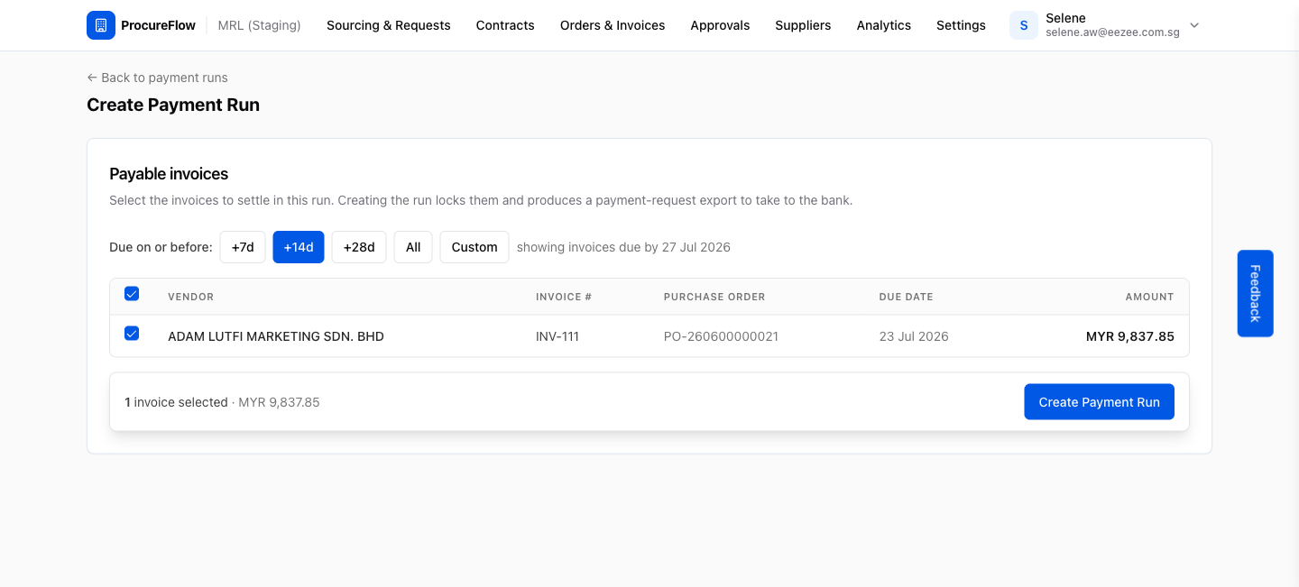 Create Payment Run form
