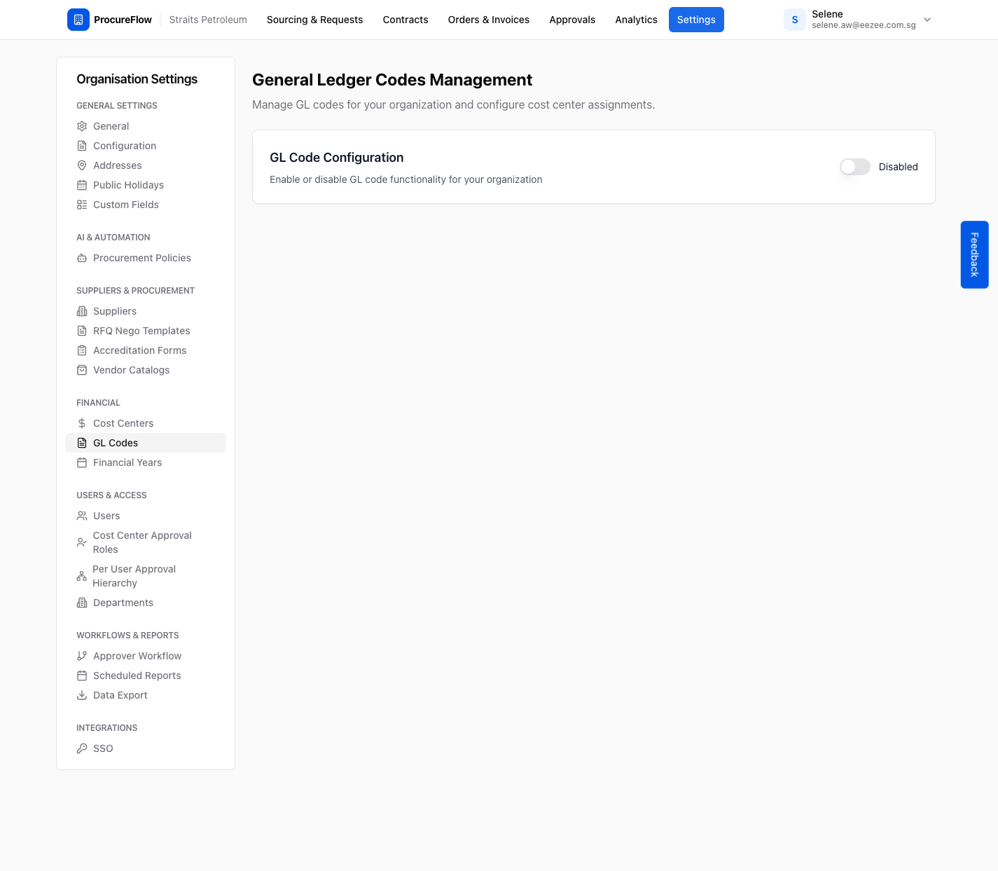Step 1 – Organisation Settings sidebar showing the Financial section with GL Codes highlighted