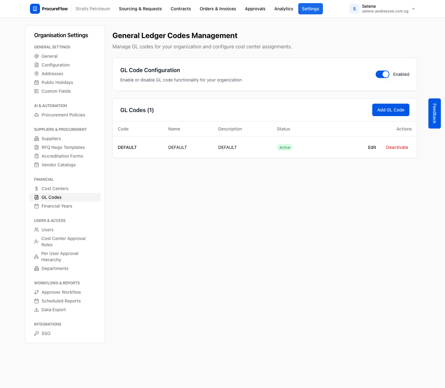 Step 2 – GL Code Configuration toggled on; the GL Codes table is now visible with an Add GL Code button