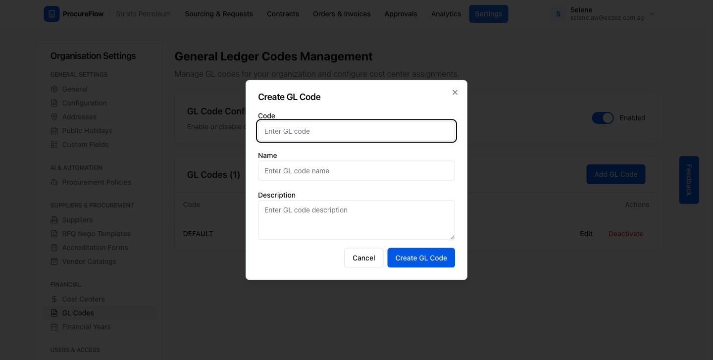 Step 3 – The Create GL Code dialog with Code, Name, and Description fields