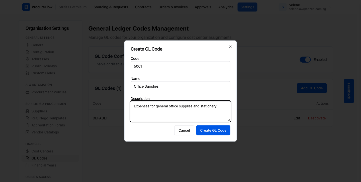 Step 4 – Form filled with Code 5001, Name "Office Supplies", and a description