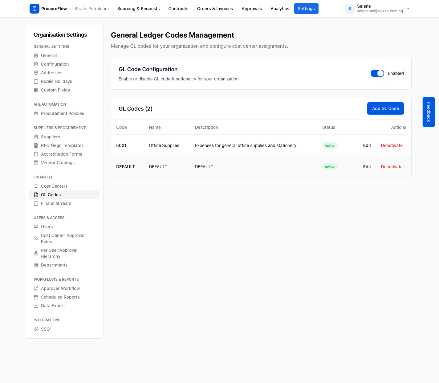 Step 5 – GL Codes table now shows "5001 – Office Supplies" as Active