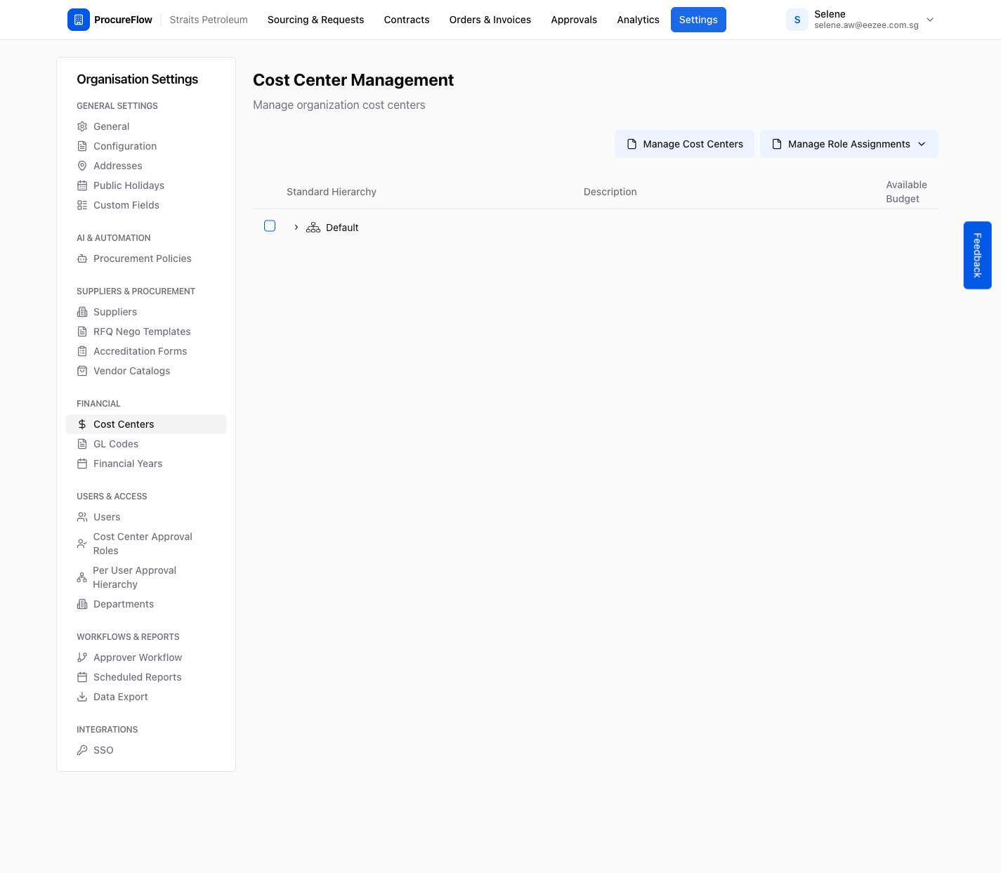 Step 6 – Cost Center Management page showing the Standard Hierarchy table