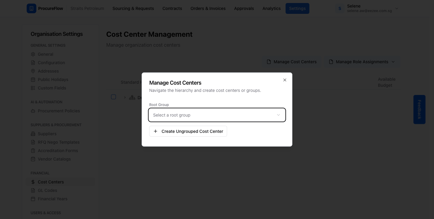 Step 7 – The Manage Cost Centers dialog with a Root Group dropdown