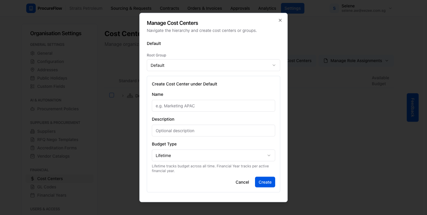 Step 9 – Create Cost Center form under the "Default" group
