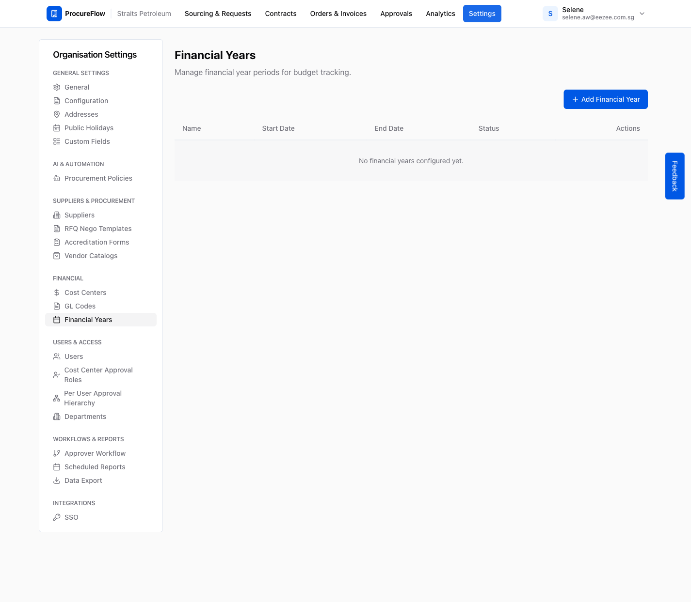 Step 12 – Financial Years page showing an empty state before any years are created