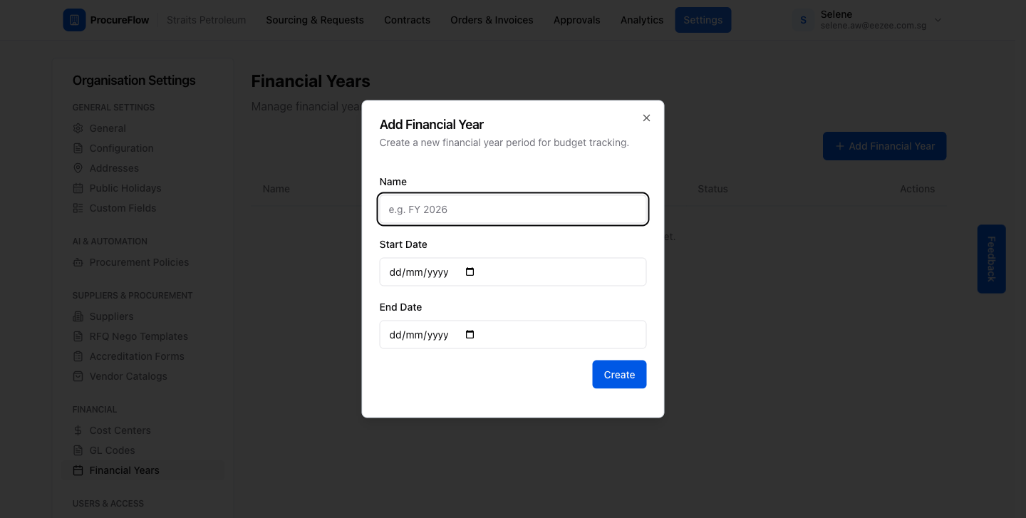 Step 13 – The Add Financial Year dialog with Name, Start Date, and End Date fields