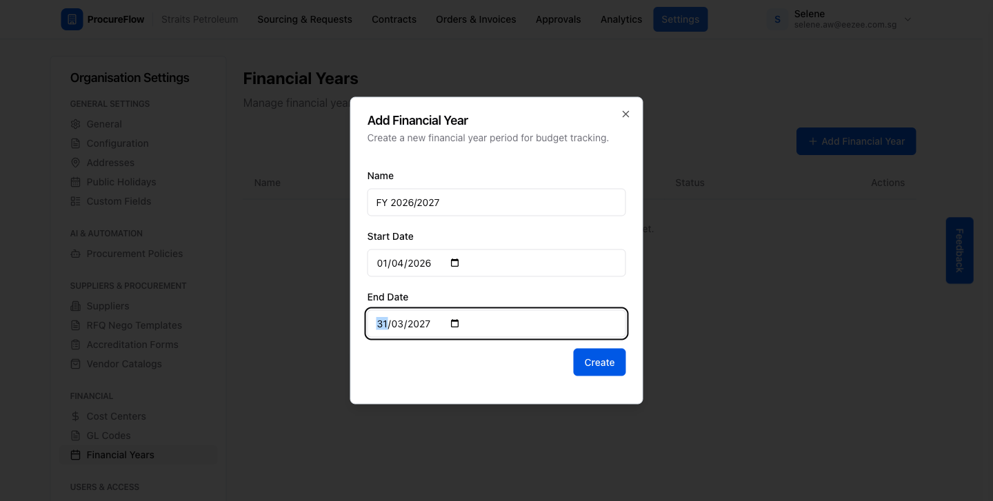 Step 14 – Form filled with name "FY 2026/2027", start date 2026-04-01, and end date 2027-03-31