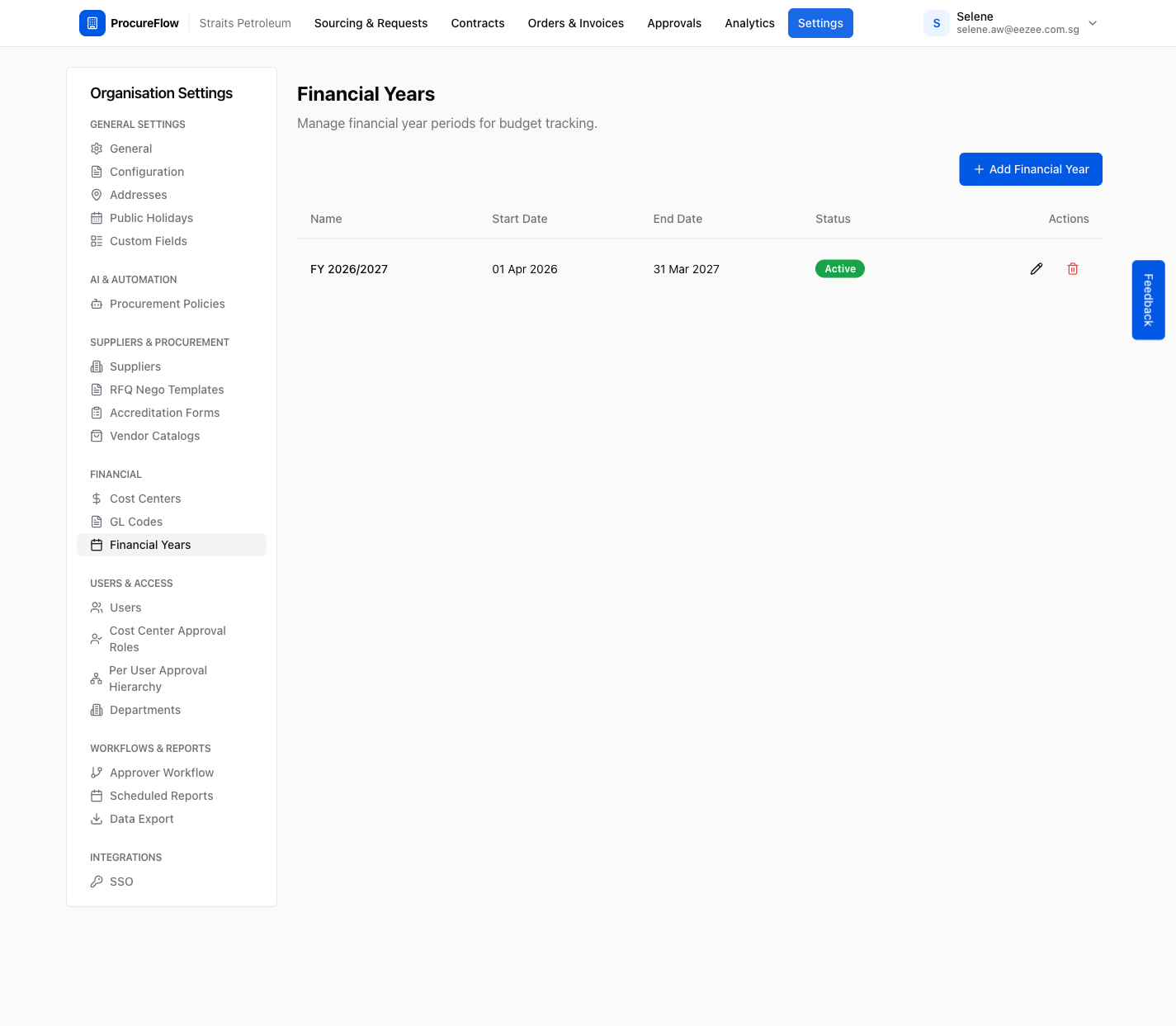 Step 15 – "FY 2026/2027" now appears in the Financial Years table with its date range and status