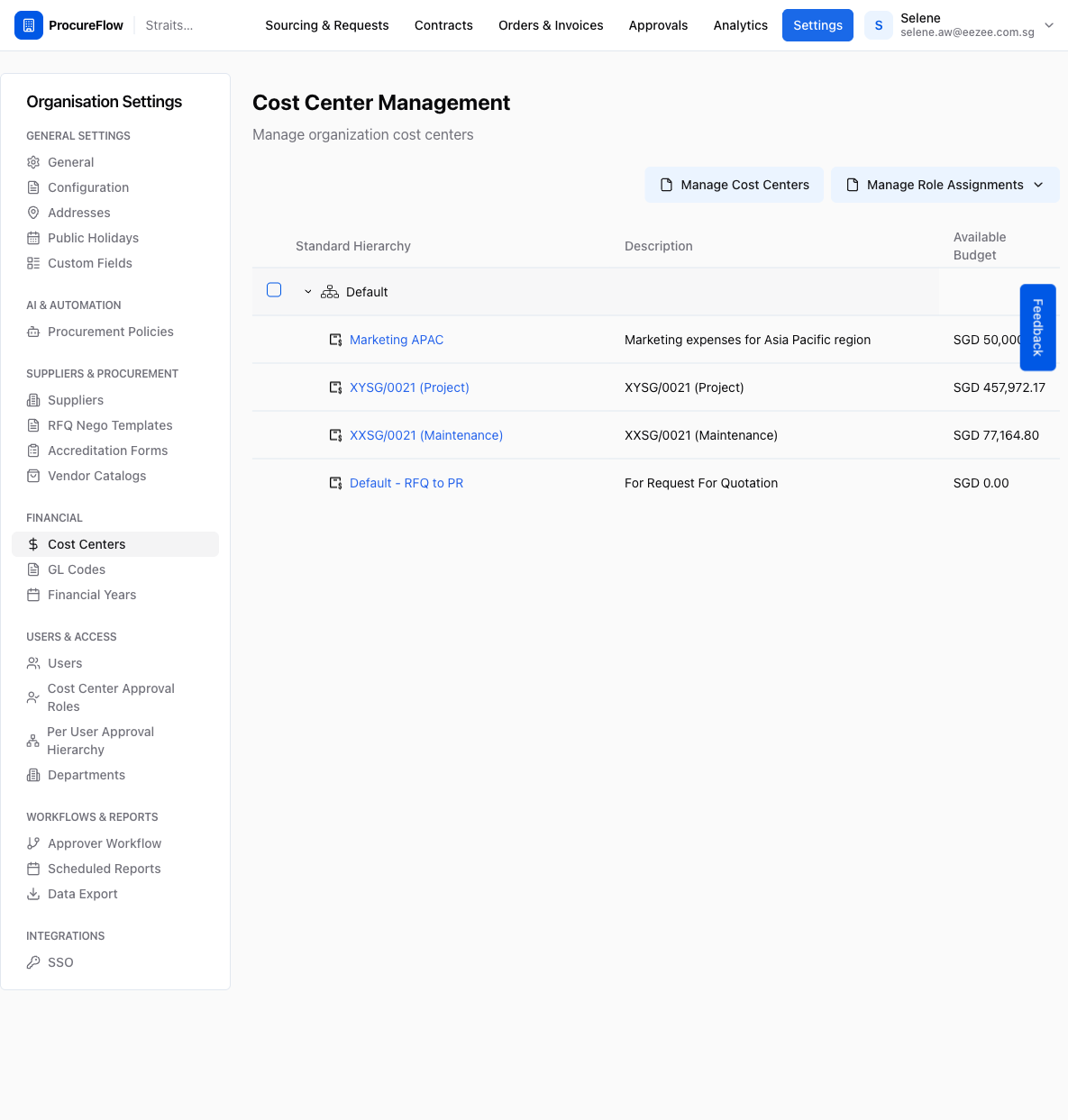 Step 1 – Cost Center Management page with cost centers expanded under the Default group