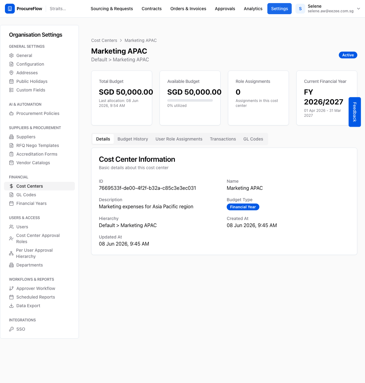 Step 2 – Cost Center detail page with budget summary cards at the top