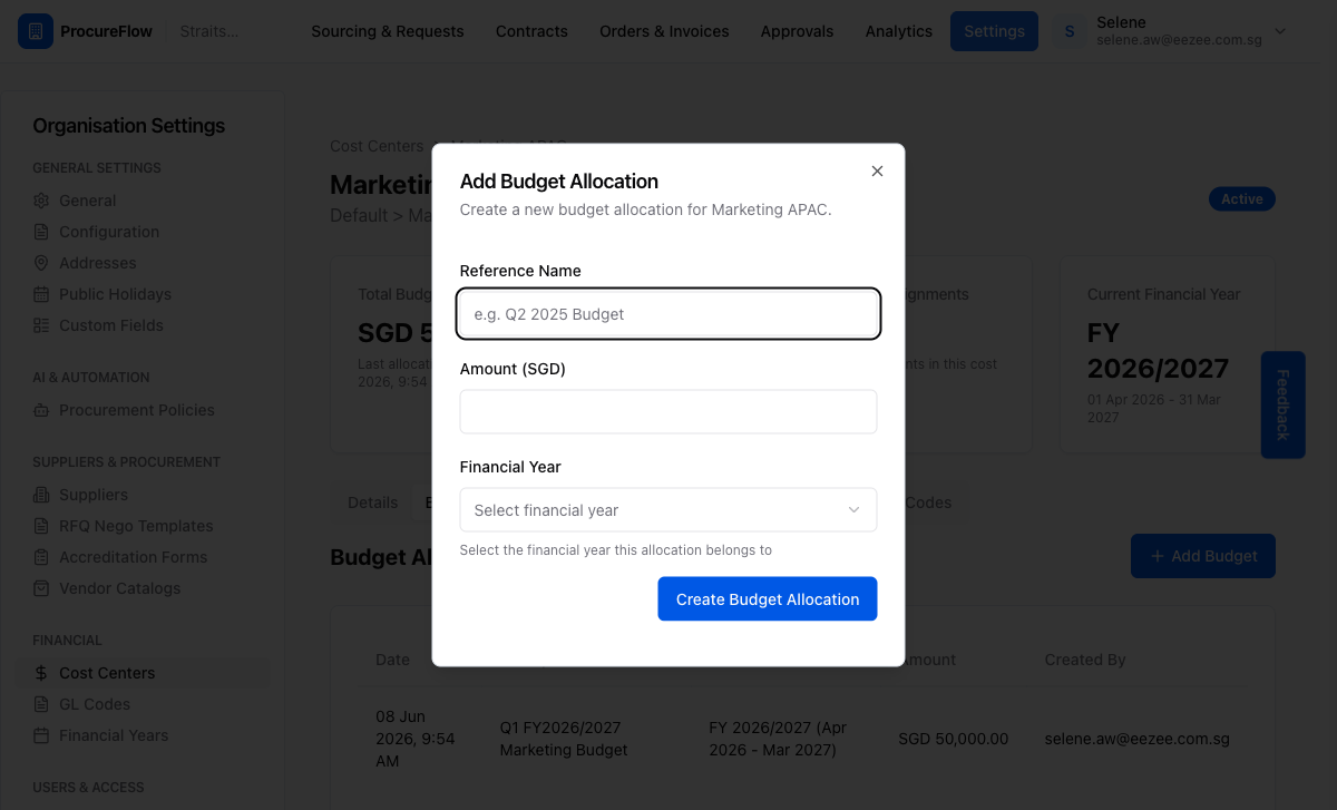 Step 4 – Add Budget Allocation dialog opens with empty Reference Name and Amount fields