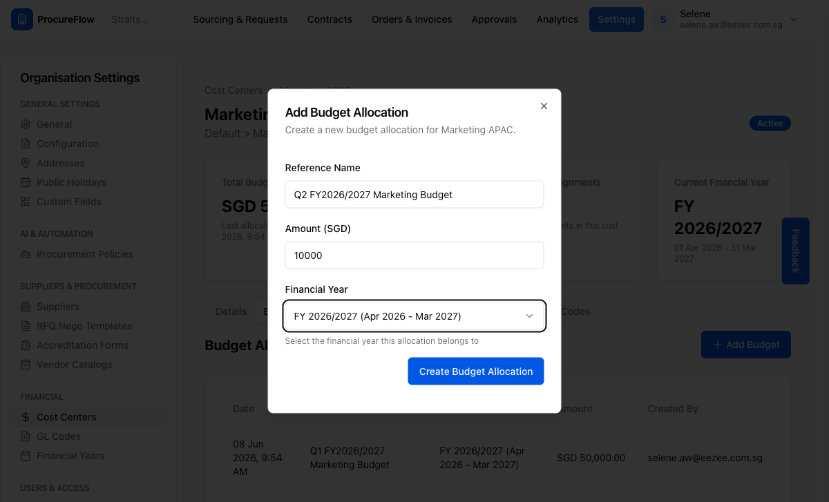 Step 5 – Dialog filled with reference name "Q2 FY2026/2027 Marketing Budget", SGD 10,000, and FY 2026/2027 selected