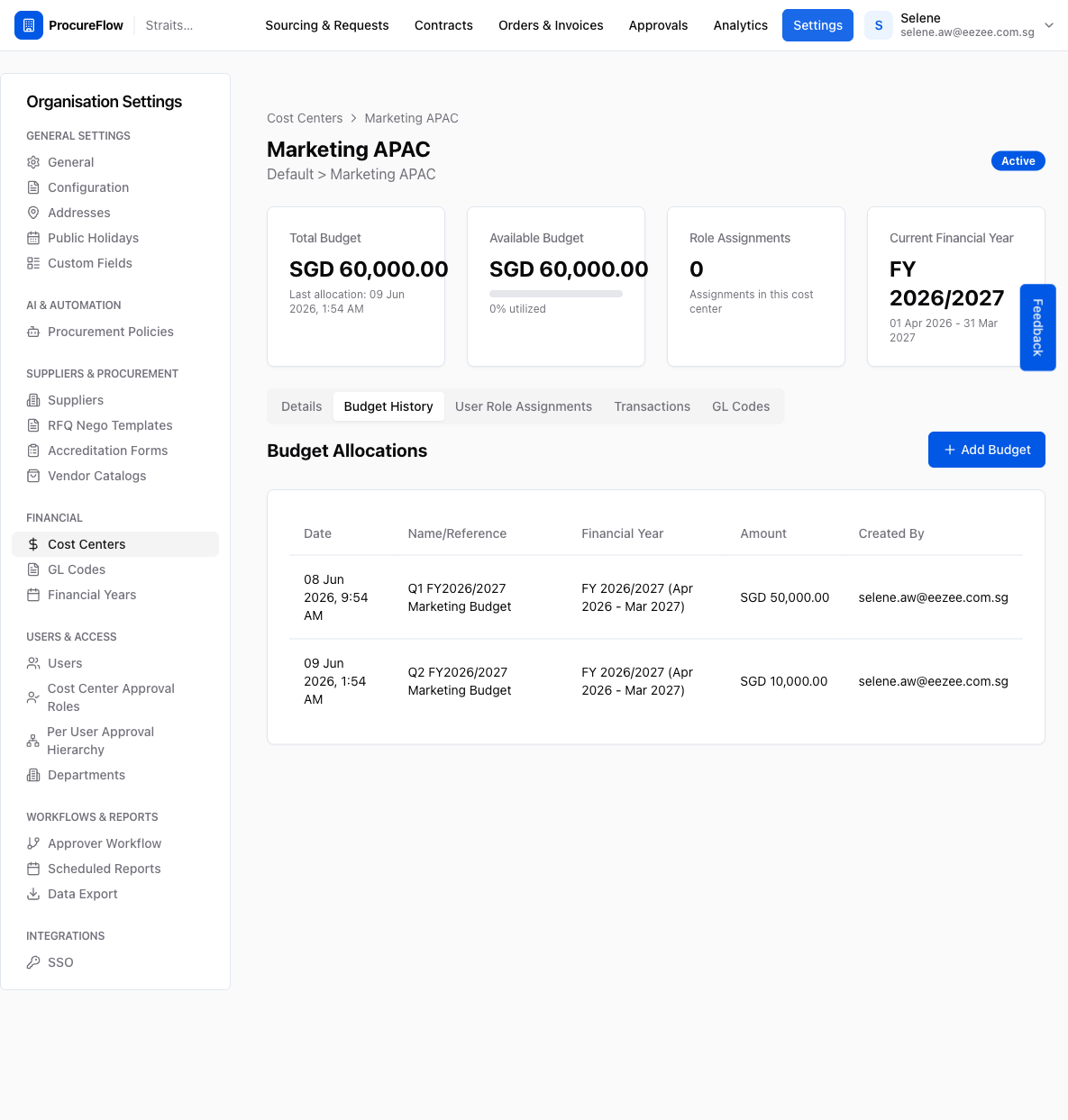 Step 7 – Updated Budget History showing the new Q2 FY2026/2027 allocation row, with the summary cards updated at the top