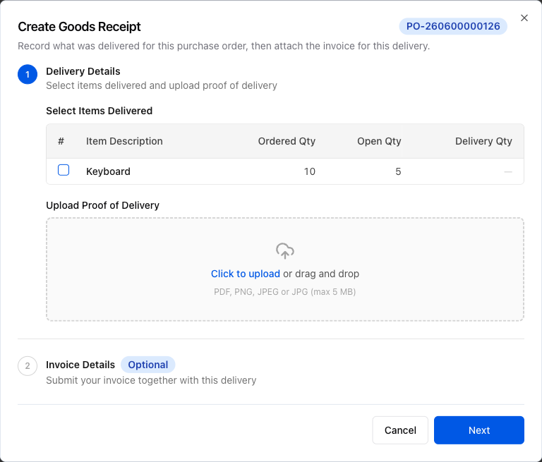 Create Goods Receipt dialog open