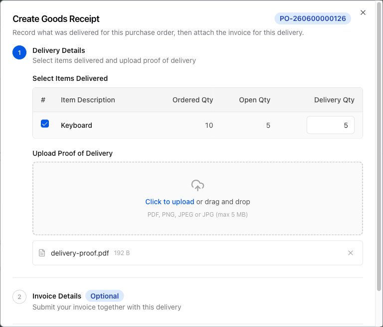GR dialog with item checked and quantity set