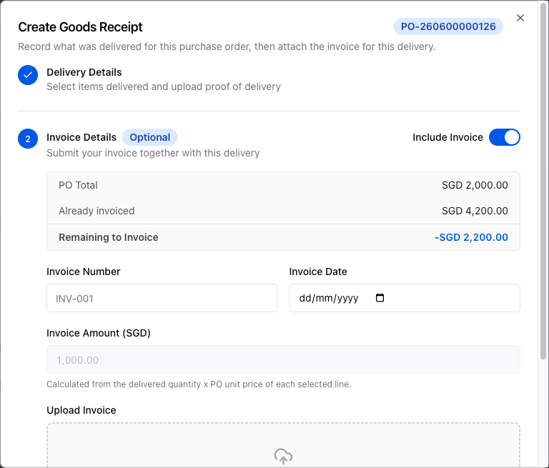 GR step 2 with include invoice toggled on