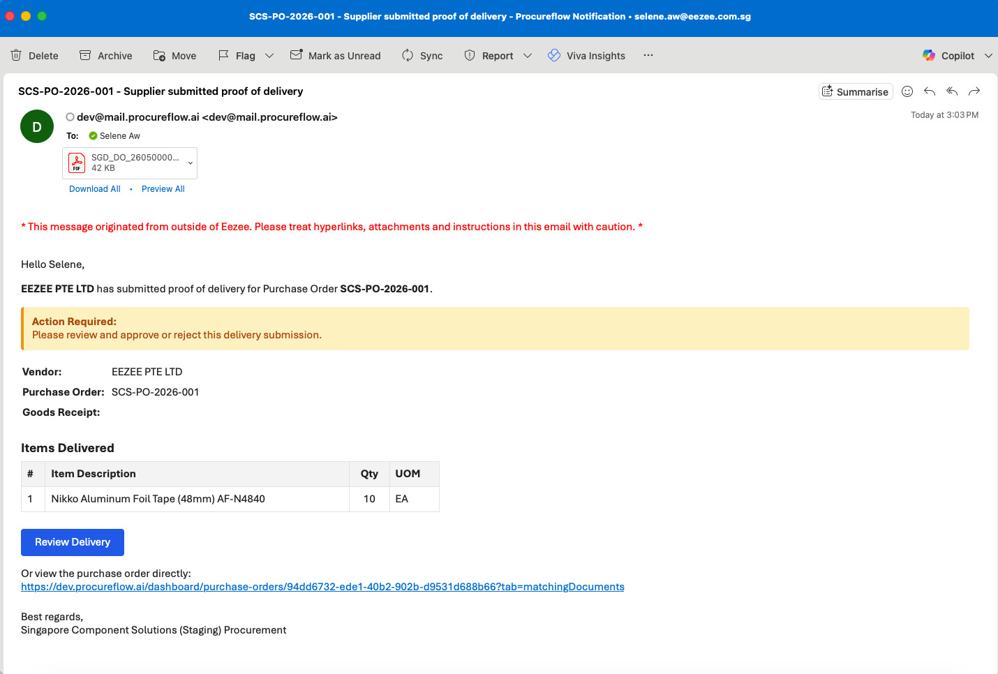 System email notifying you of a supplier delivery: click Review Delivery to open the GR detail page.