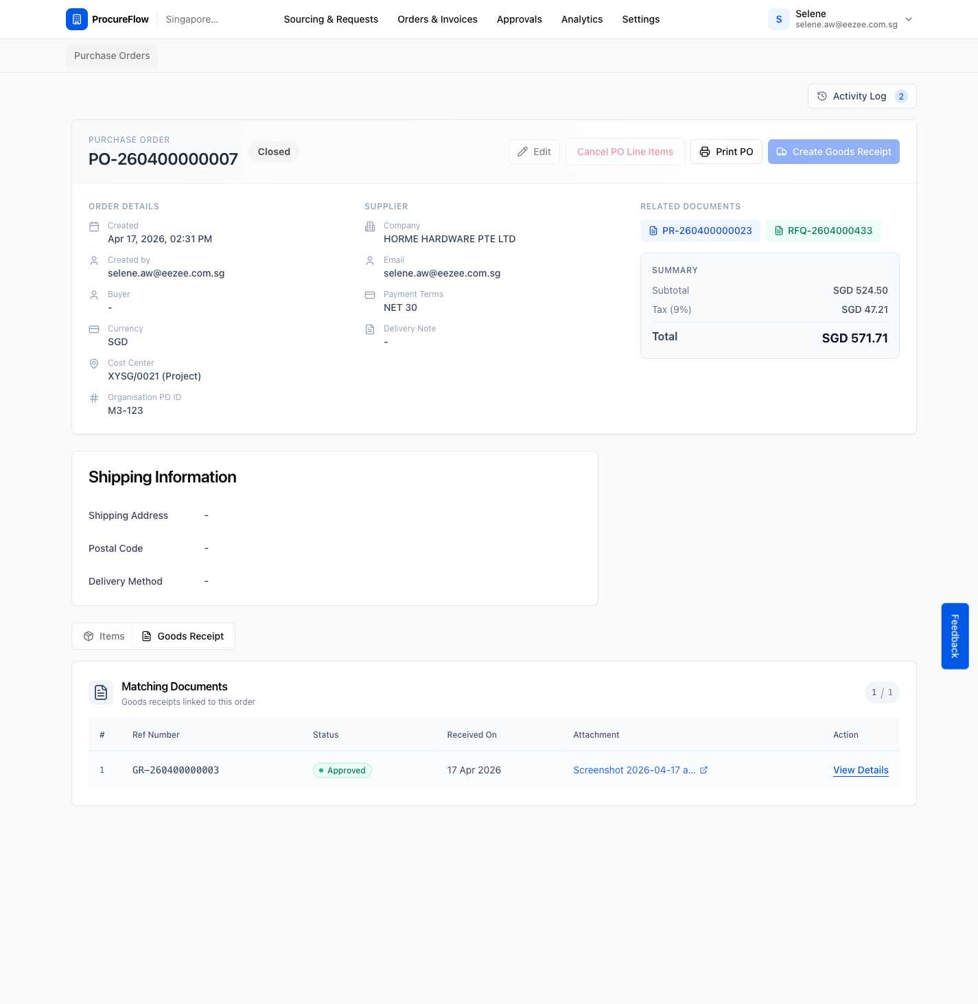 Goods Receipt tab on PO – matching documents
