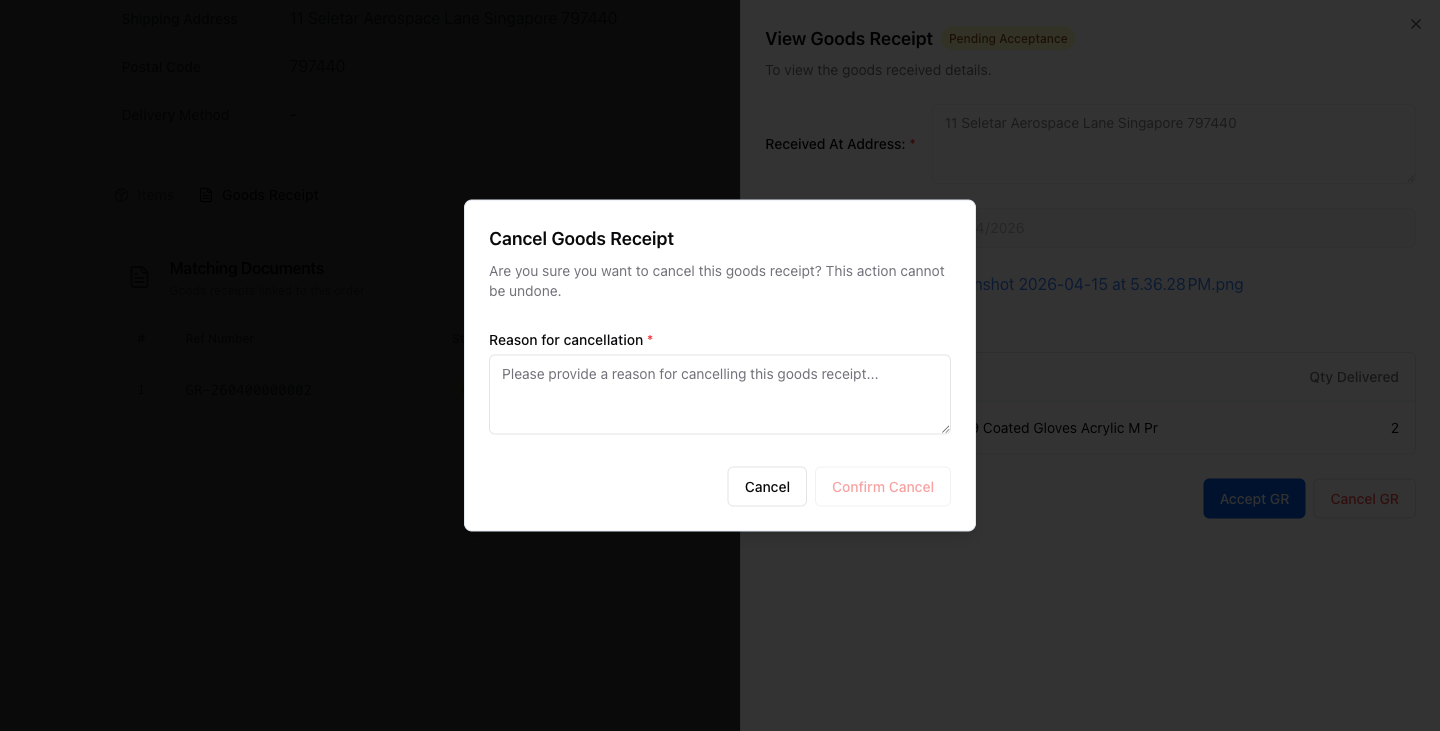Cancel Goods Receipt dialog: enter a reason for cancellation before clicking Confirm Cancel