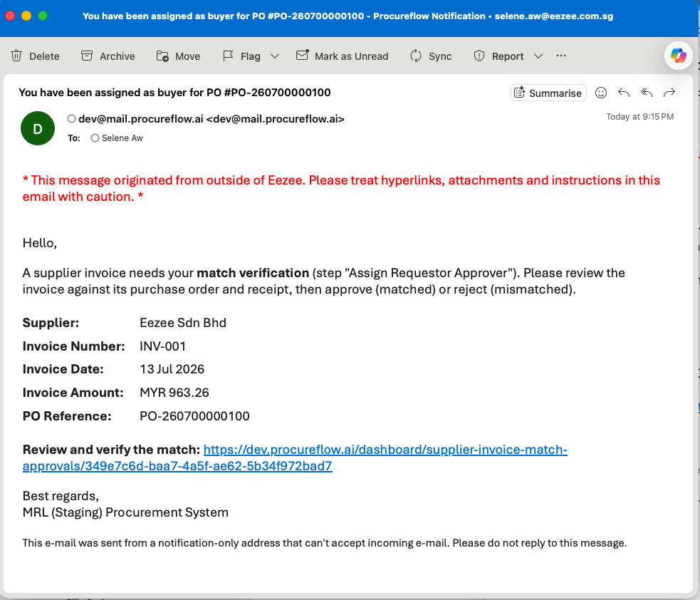 Email notification for invoice match approval