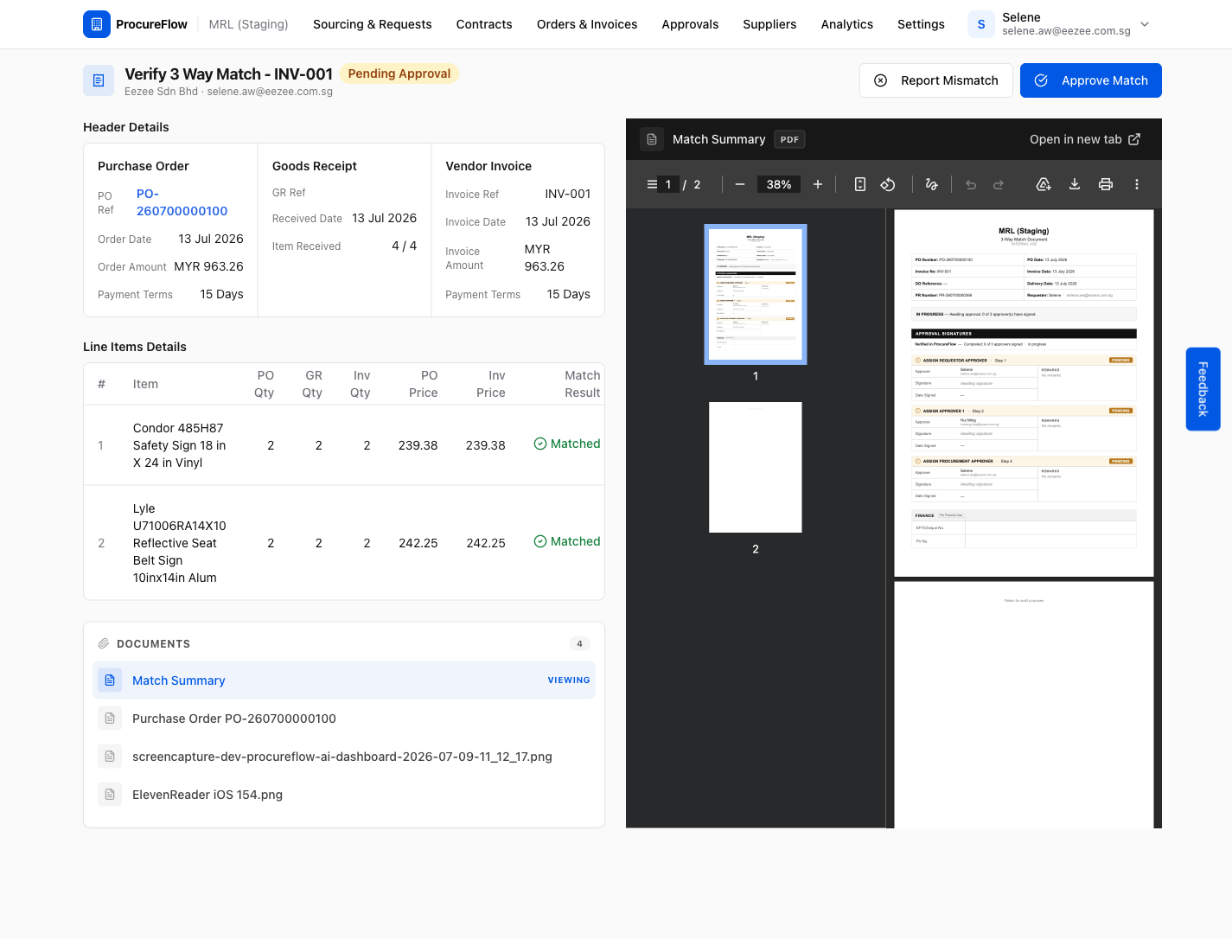Invoice match review page showing header details, line items, and document preview