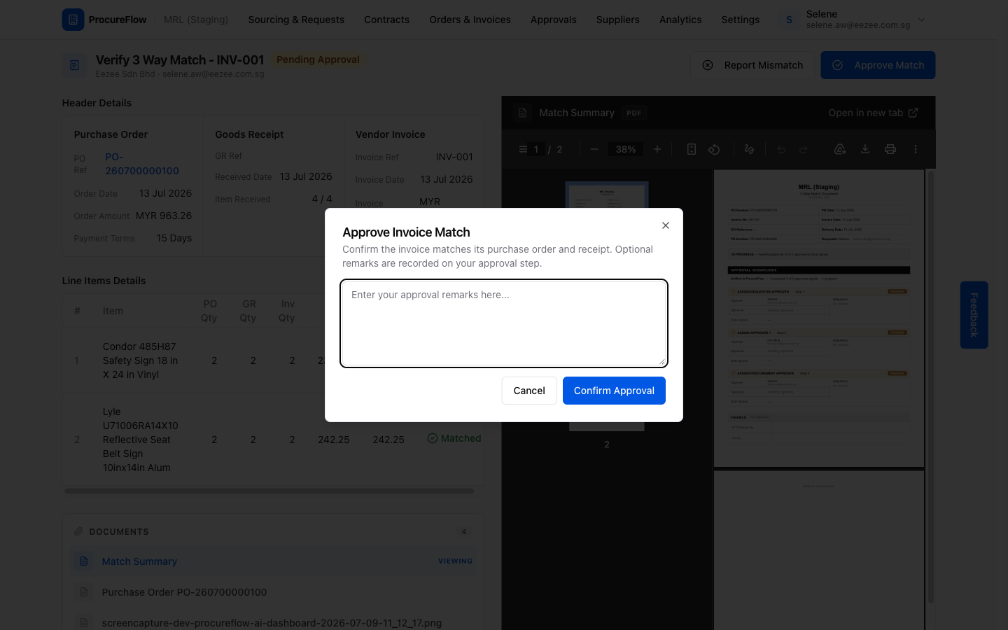 Approve Invoice Match confirmation dialog