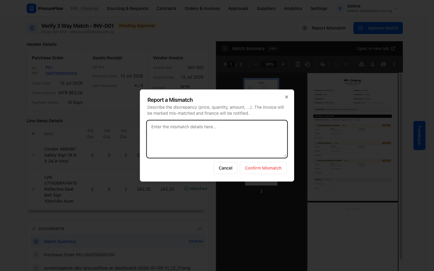 Report a Mismatch dialog with required remarks field