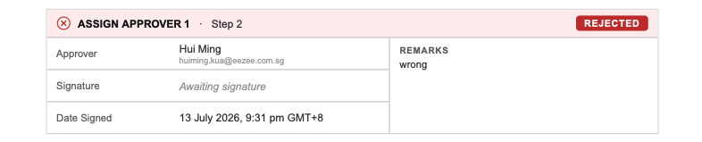 Match Summary PDF after mismatch: MISMATCH REPORTED banner, REJECTED step, CANCELLED downstream steps