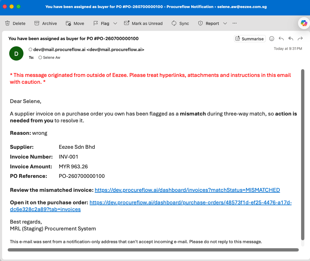 Mismatch notification email