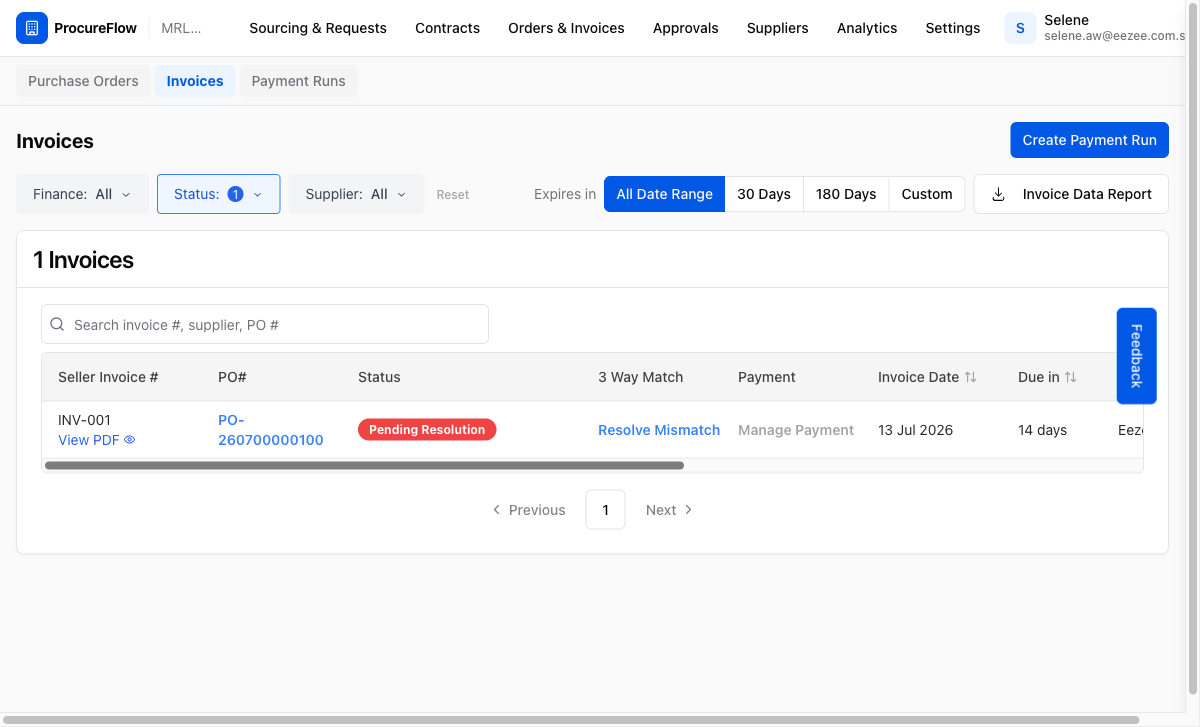 Invoice list filtered to Pending Resolution
