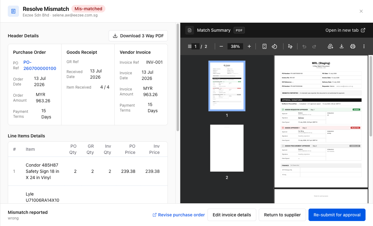Resolve Mismatch drawer showing header and line item comparison