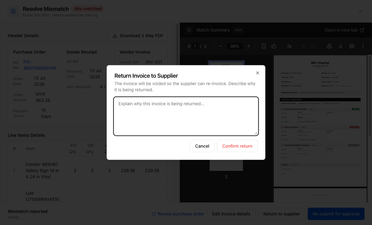Return Invoice to Supplier dialog