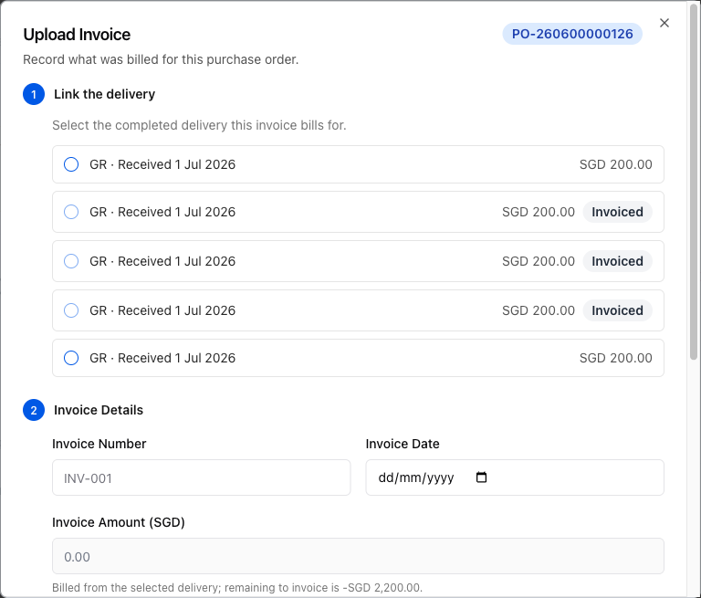 Upload Invoice dialog