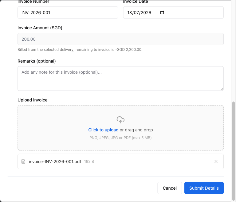 Upload Invoice dialog filled