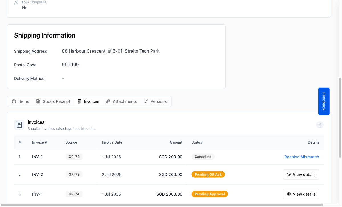 Invoices tab showing uploaded invoice