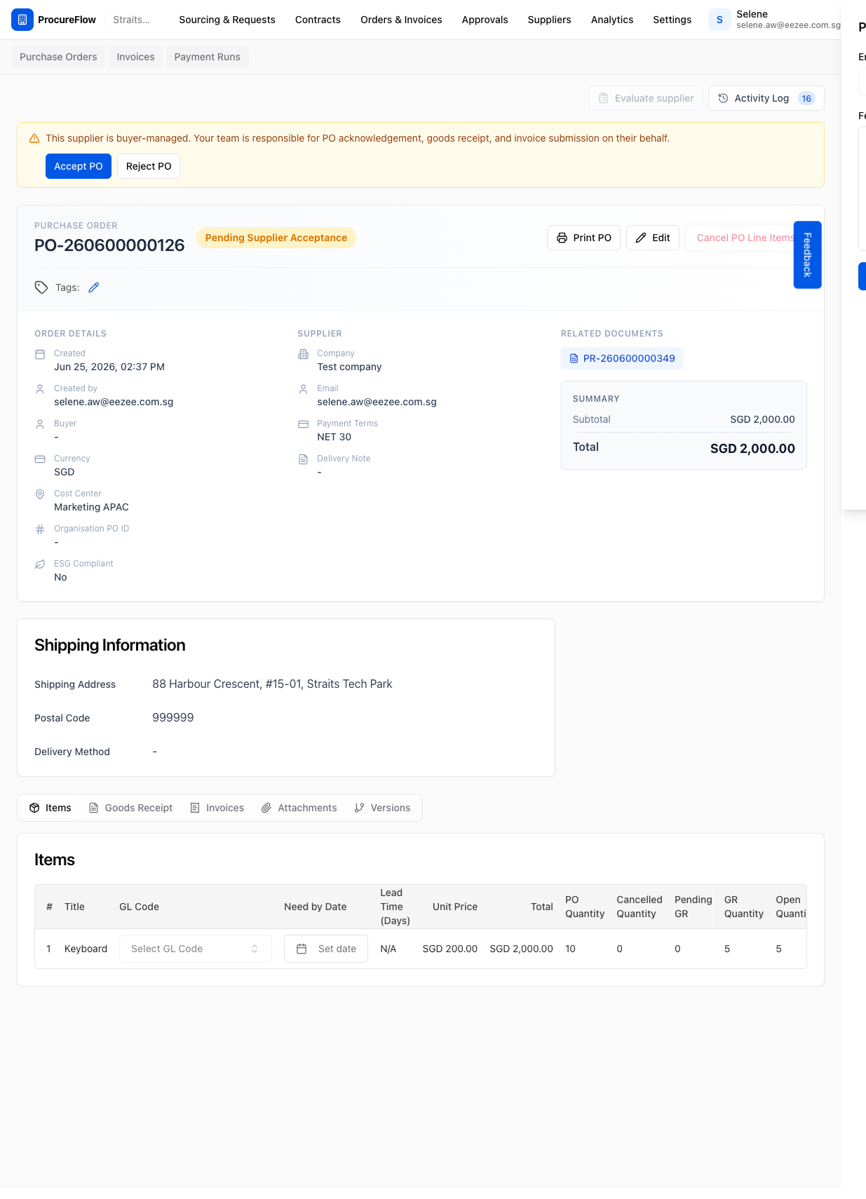 PO detail with buyer-managed banner