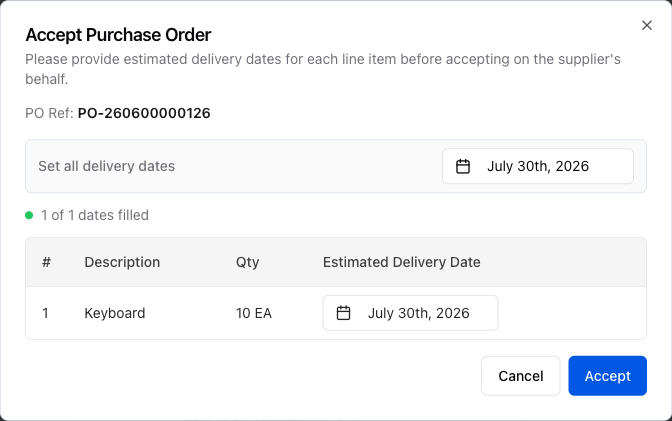 Accept PO dialog with date filled