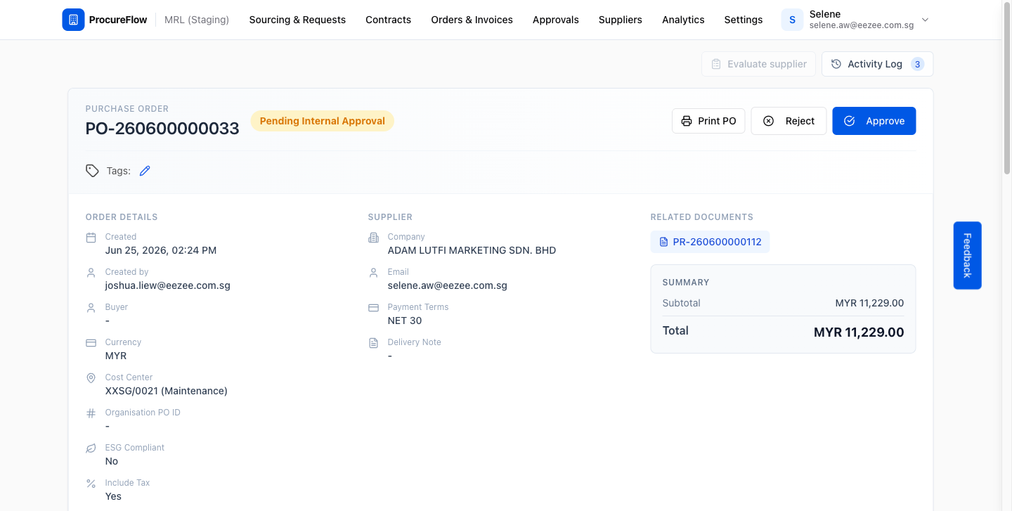 PO detail header showing Approve and Reject buttons in the top-right action bar