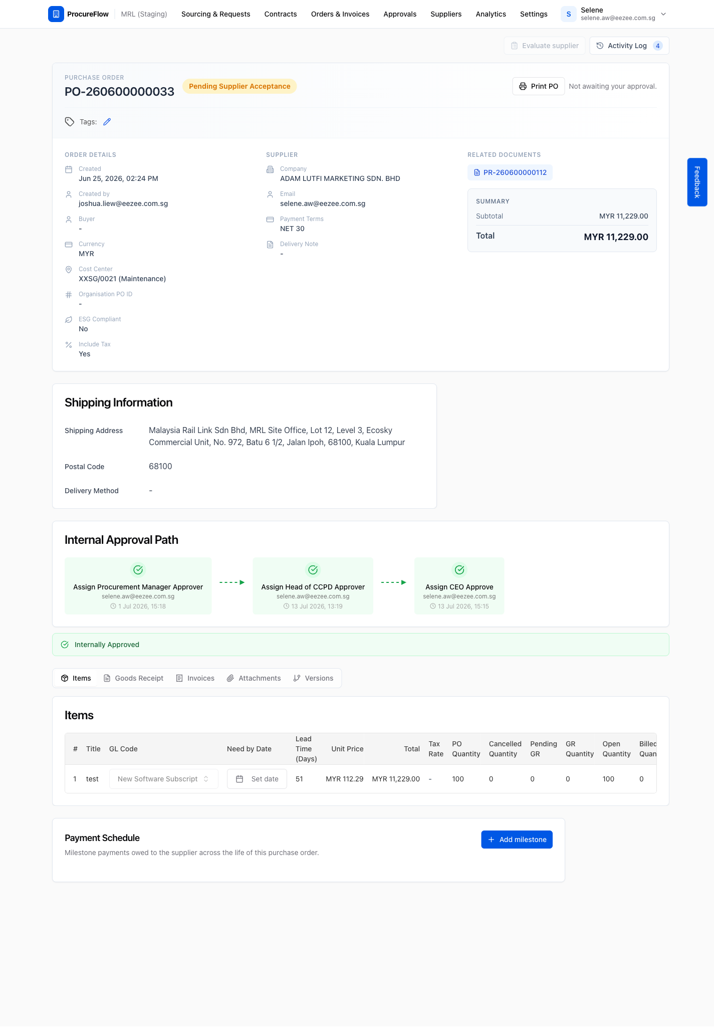 Approved PO showing Pending Supplier Acceptance status with all approval steps completed